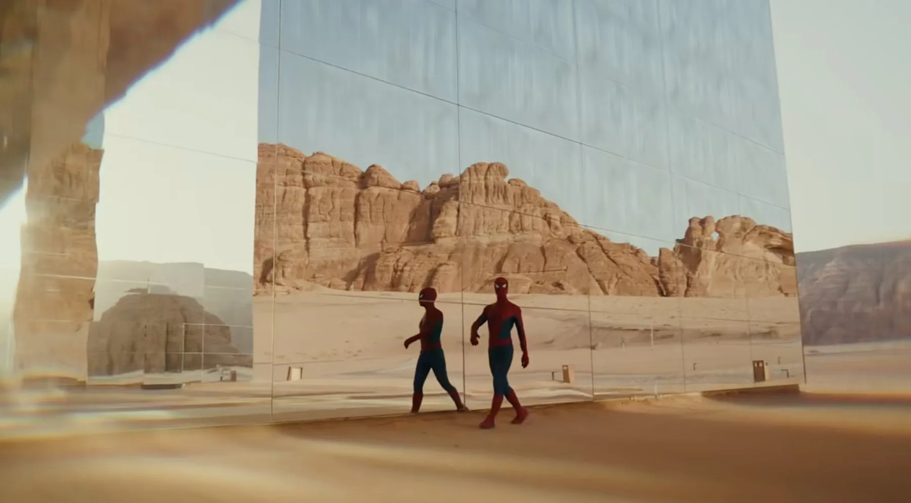 Spider-Man walking in front of Maraya, Al Ula
