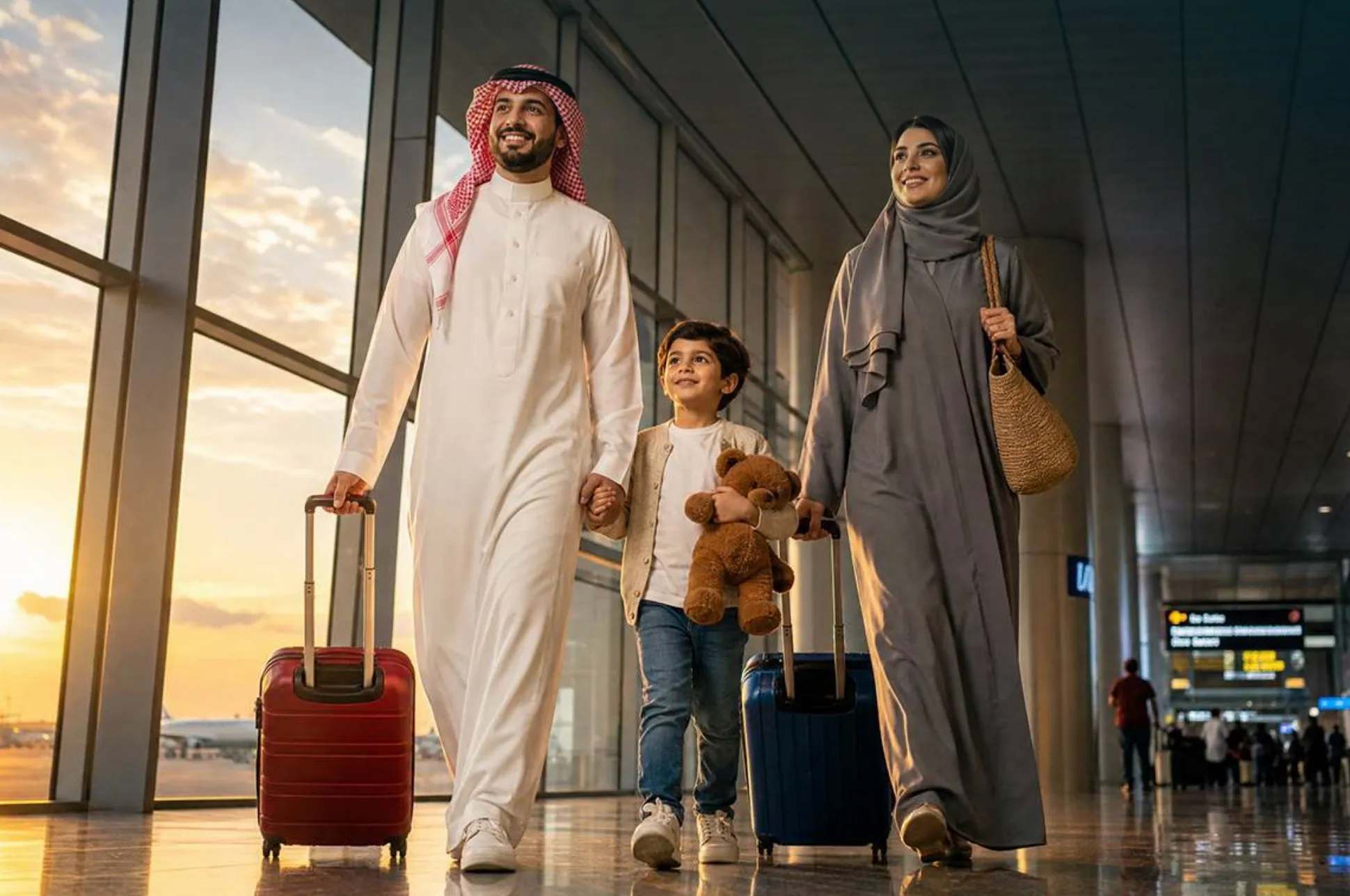 A Saudi family walking through an airport terminal with luggage at sunset