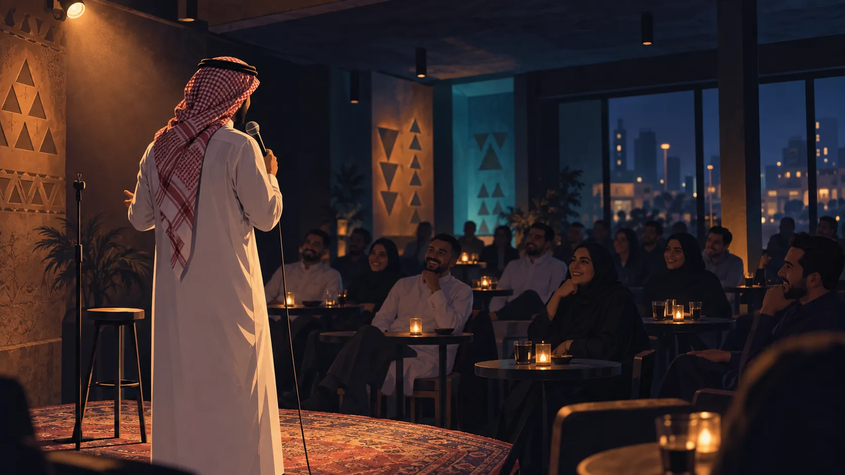 Editorial illustration of an anonymous Saudi comedian performing in an intimate Riyadh comedy room.