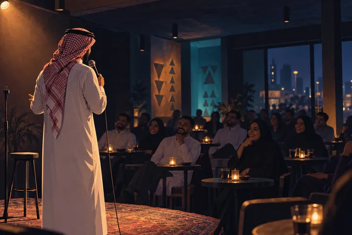 Editorial illustration of an anonymous Saudi comedian performing in an intimate Riyadh comedy room.