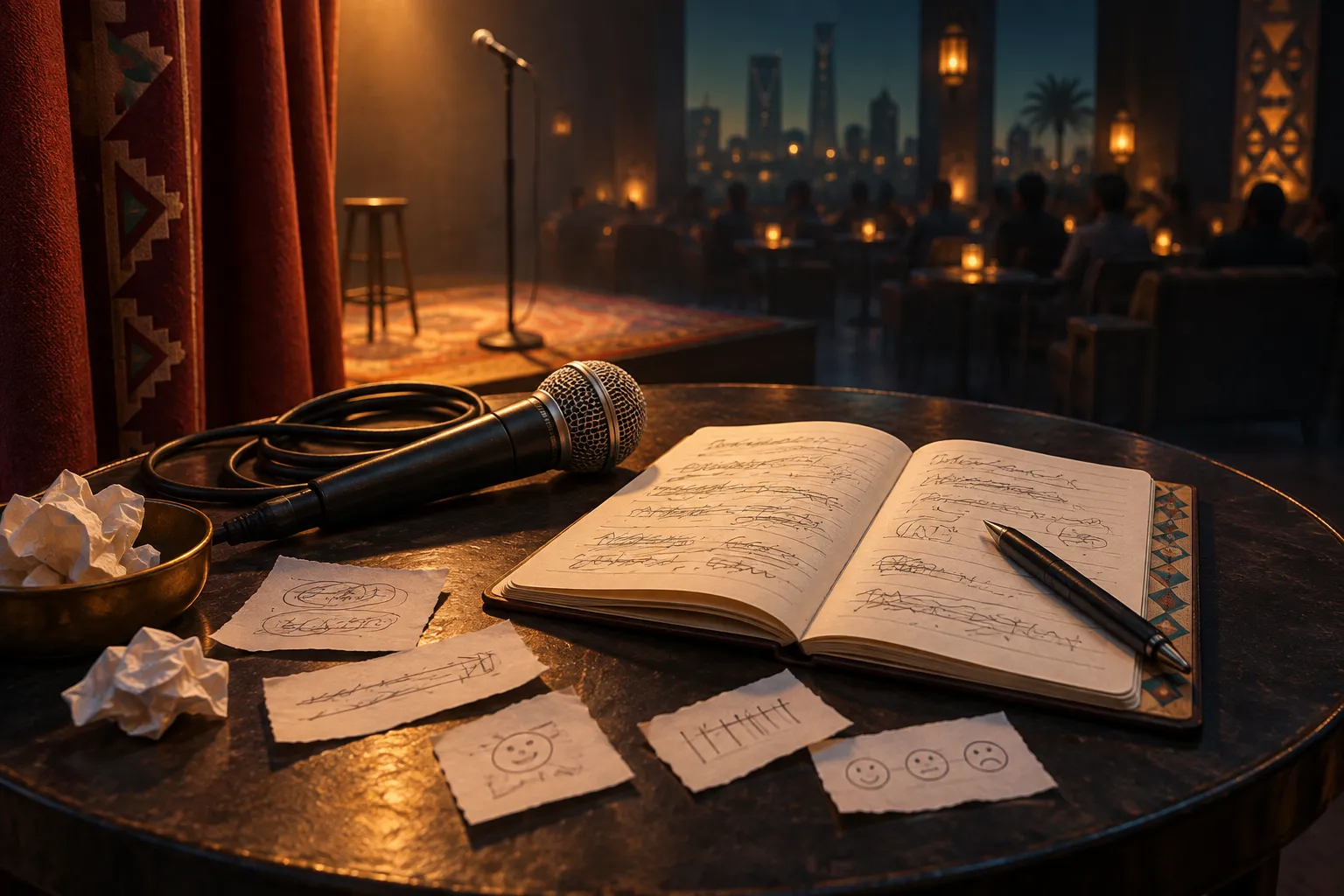 Editorial illustration of a microphone and joke notebook beside a small comedy stage.