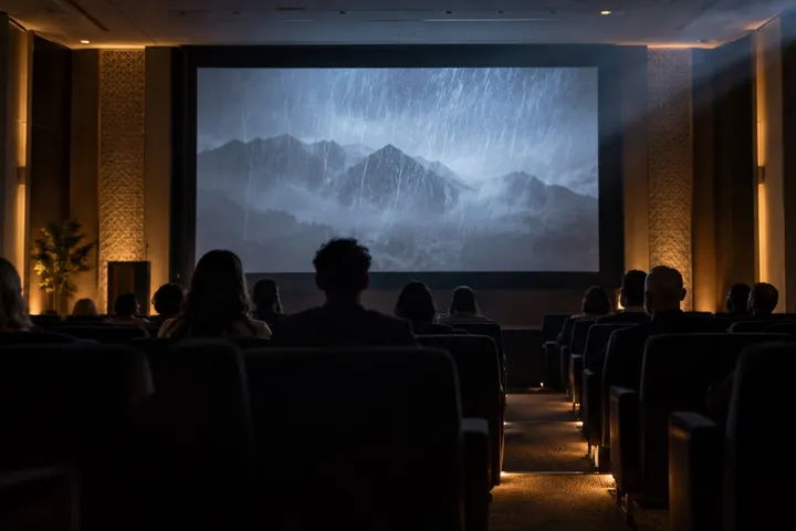 Editorial illustration of a small cinema audience watching rain over mountain silhouettes in a softly lit auditorium.