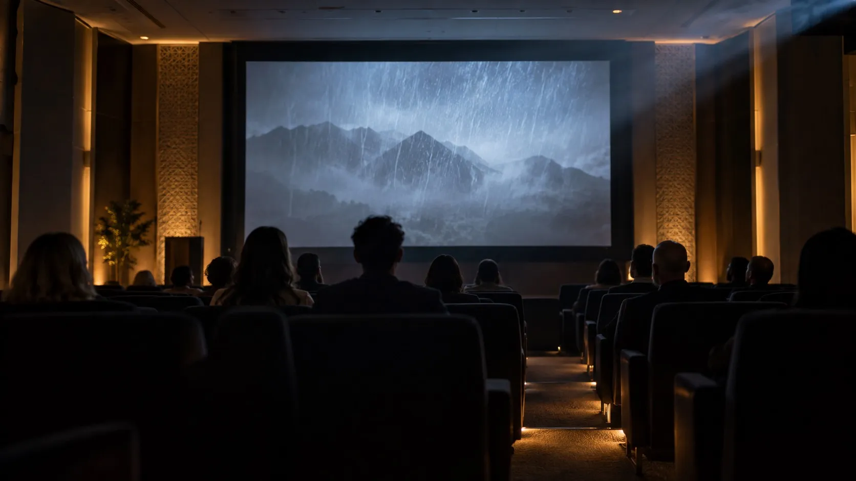 Editorial illustration of a small cinema audience watching rain over mountain silhouettes in a softly lit auditorium.