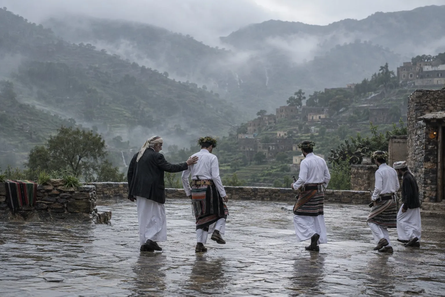 Editorial illustration of two generations rehearsing together in the rainy highlands of southern Saudi Arabia