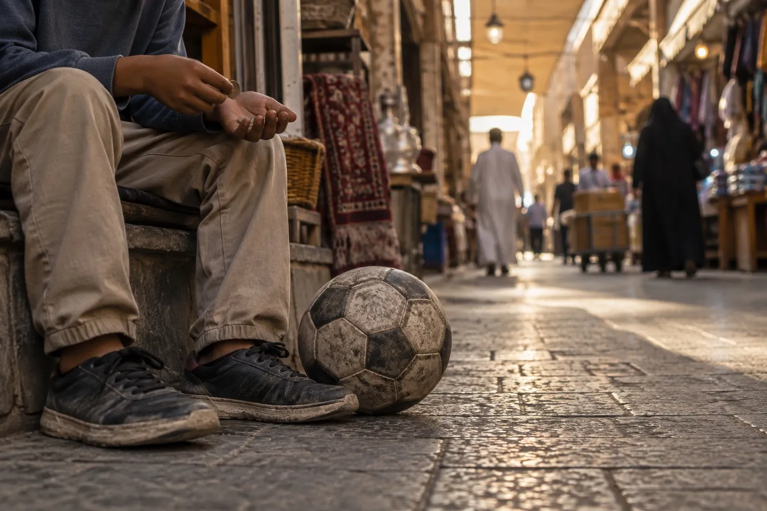 Editorial illustration of a child counting coins beside a worn football in a market lane