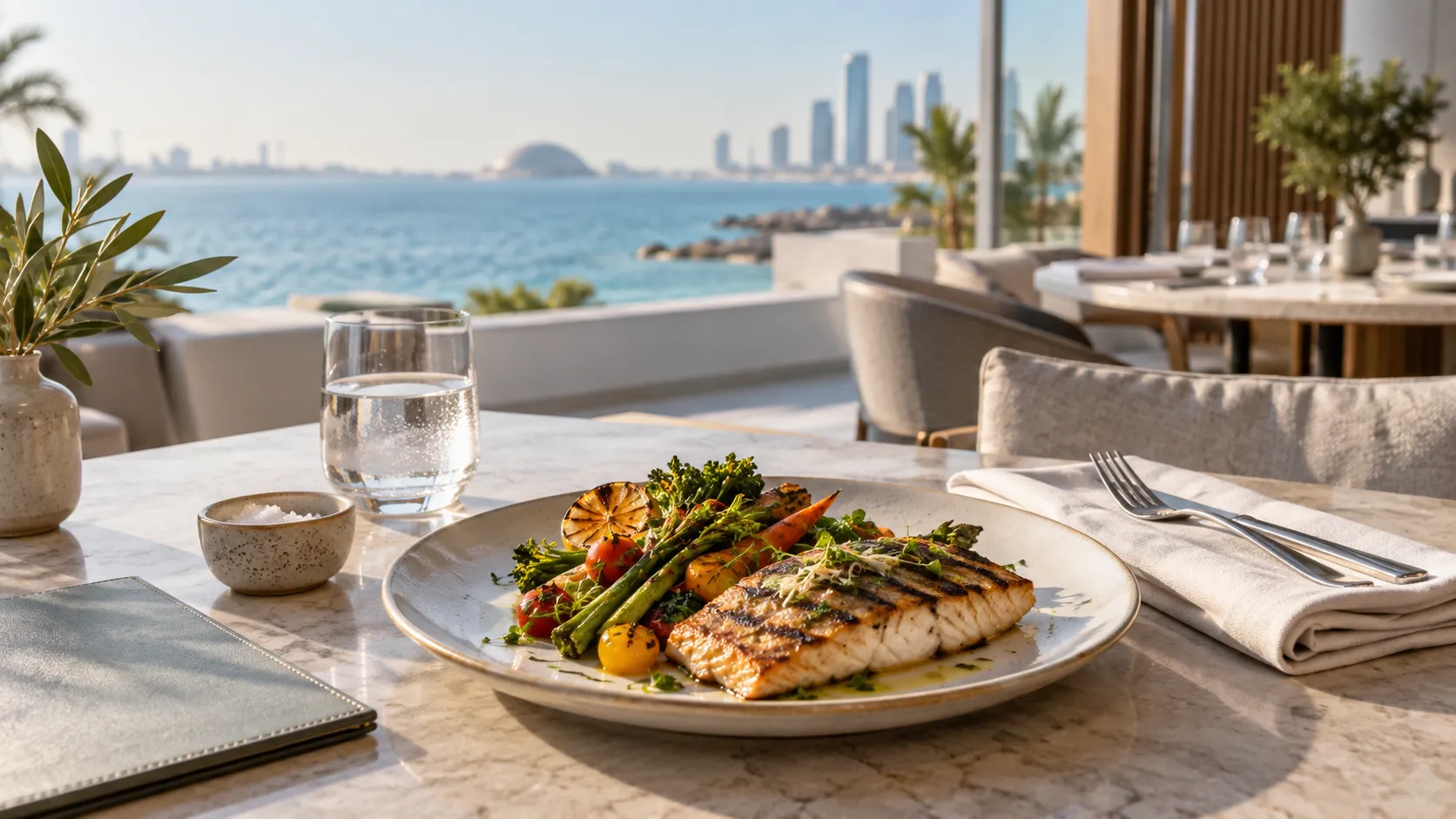 fish and vegetables on a seaside hotel restaurant table inspired by Abu Dhabi