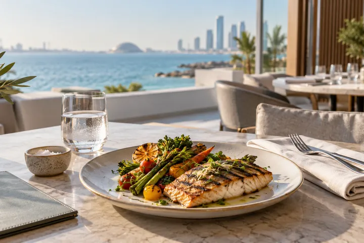 fish and vegetables on a seaside hotel restaurant table inspired by Abu Dhabi