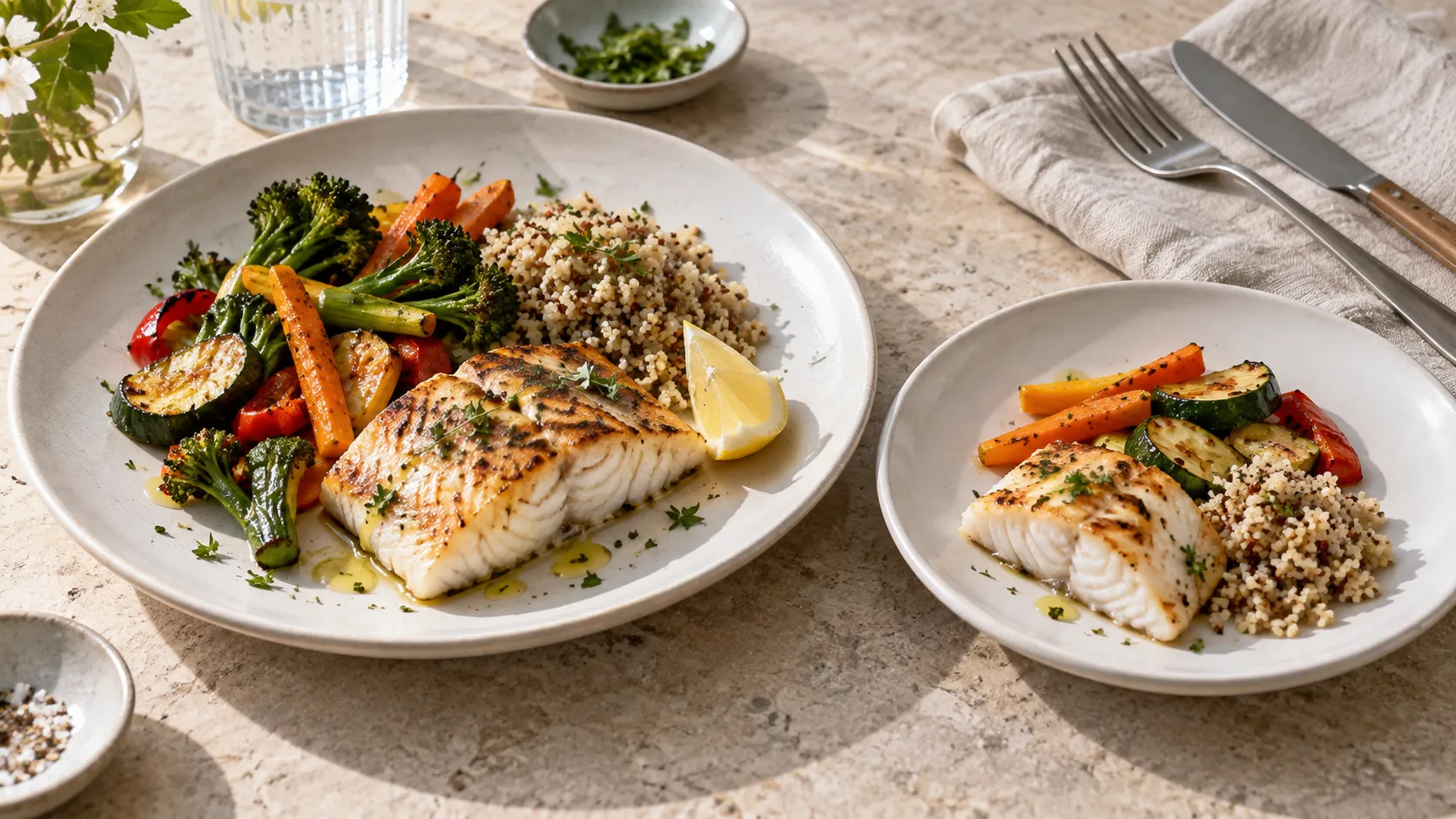 adult and child portions of fish, vegetables and grains
