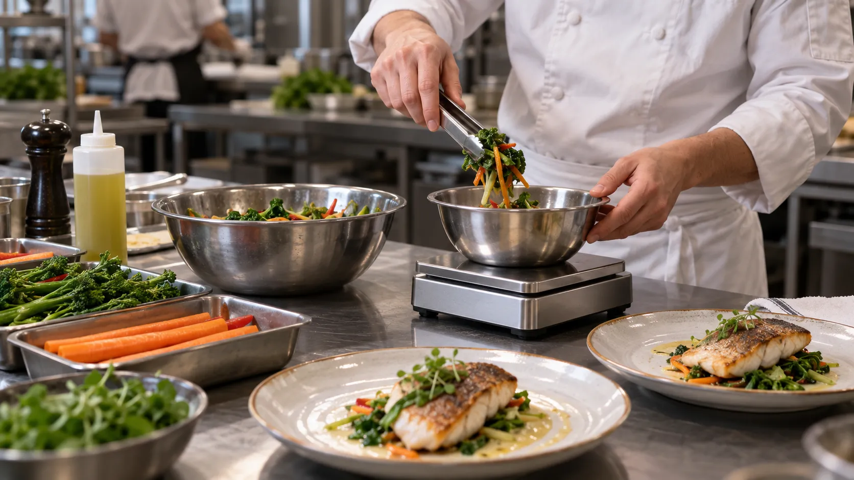 a chef weighing vegetables beside plated fish in a hotel kitchen