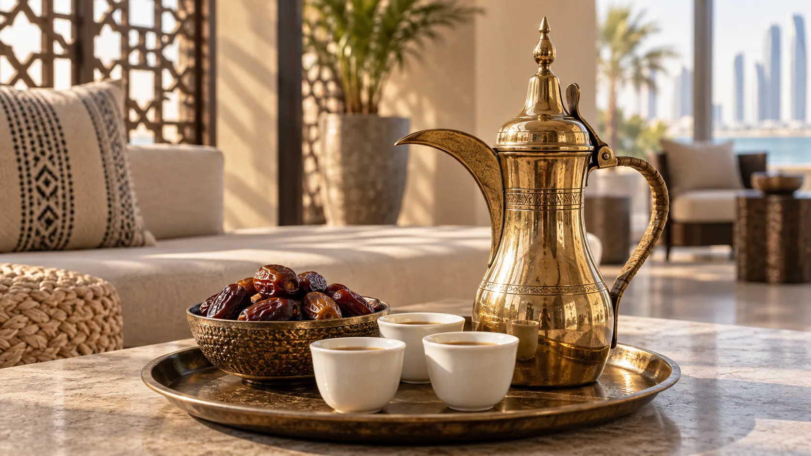 a brass dallah, coffee cups and dates in a contemporary Gulf hotel lounge