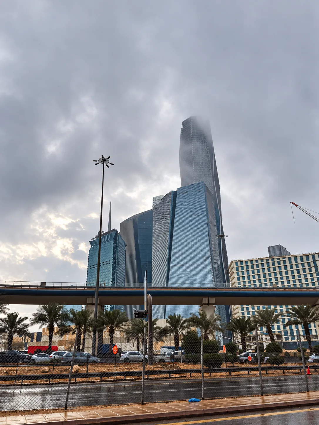 Riyadh high-rise buildings, palm trees and an elevated transport corridor beneath low clouds.