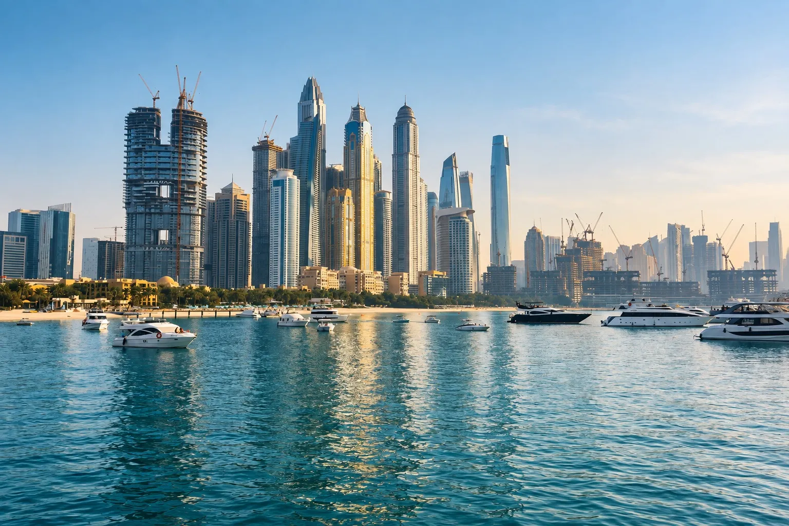 Yachts on calm water in front of Dubai Marina’s high-rise skyline.