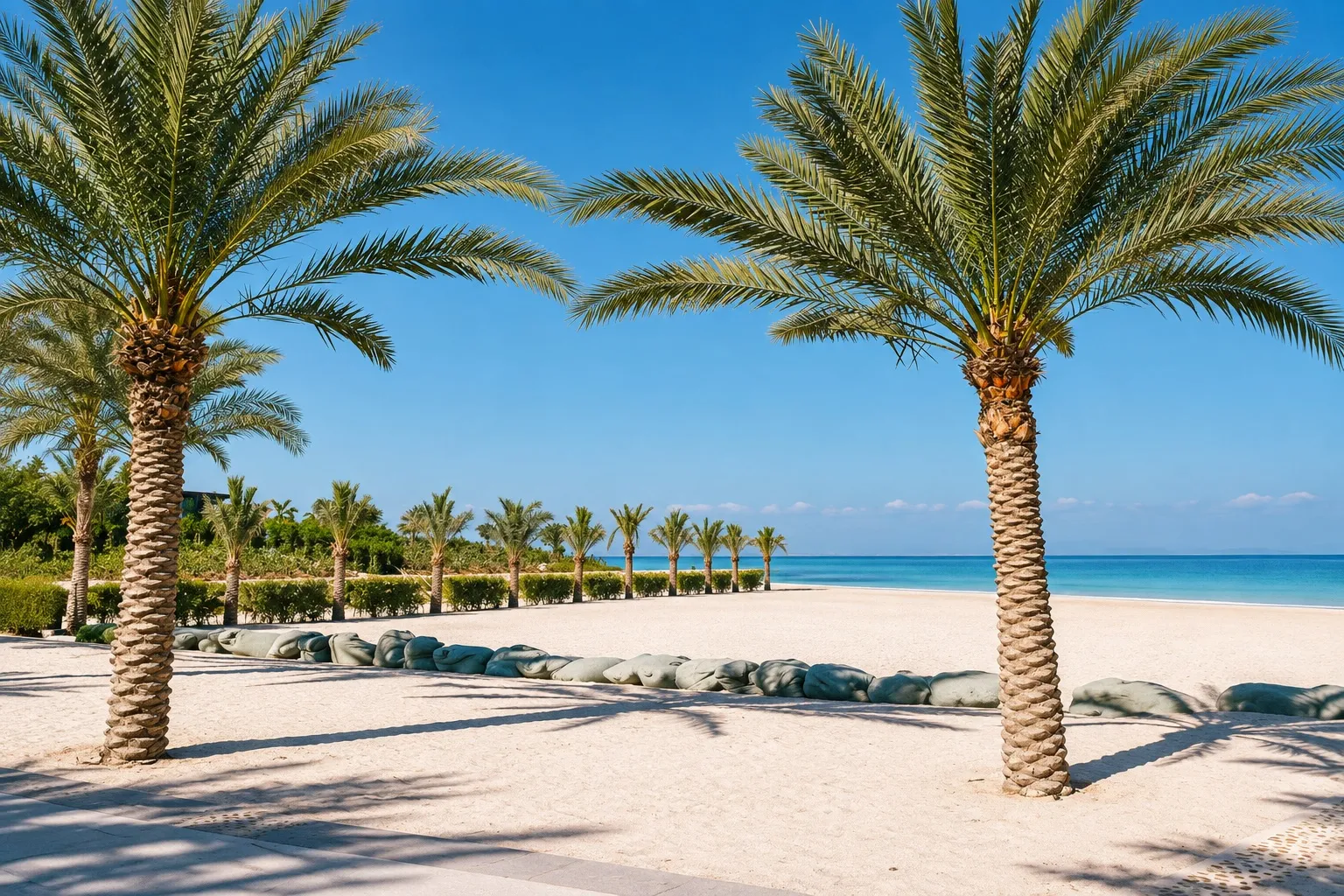 A quiet Ras Al Khaimah beach lined with date palms beside clear blue water.