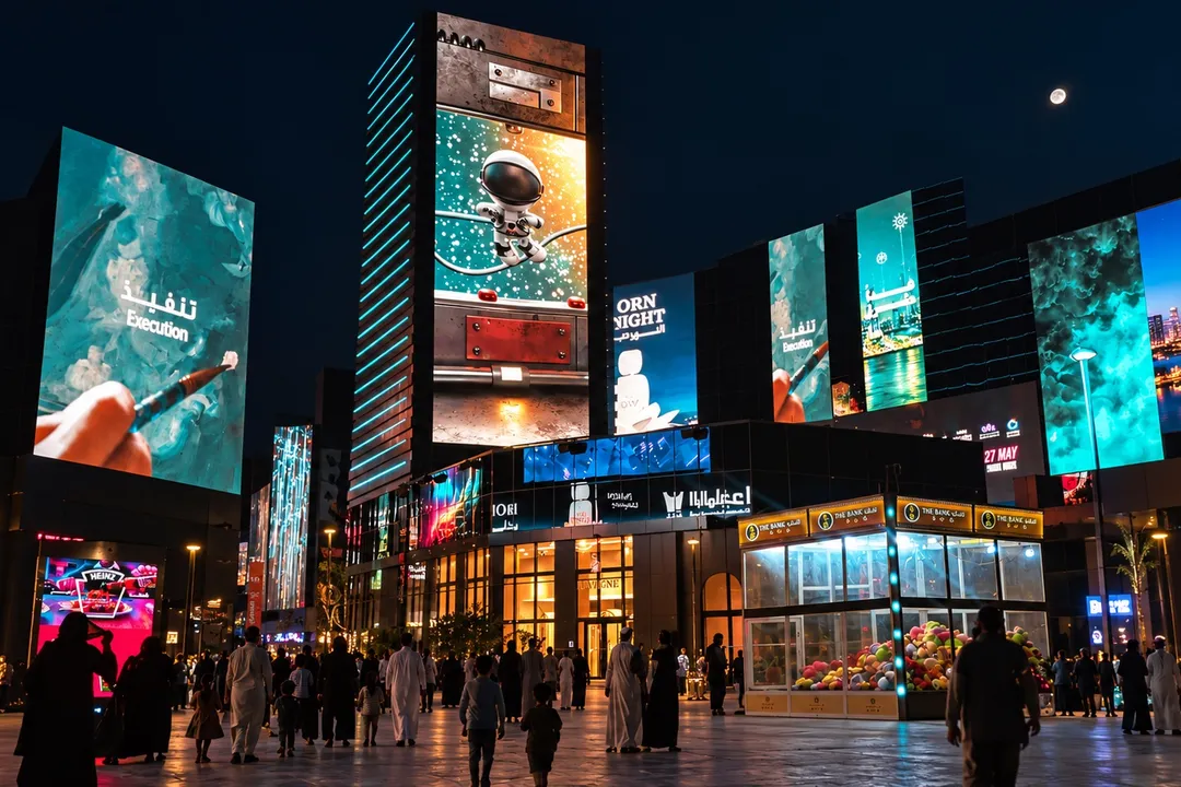 Crowds walk through Riyadh Boulevard beneath illuminated billboards and city lights at night