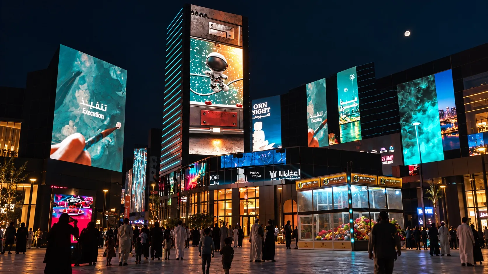 Crowds walk through Riyadh Boulevard beneath illuminated billboards and city lights at night