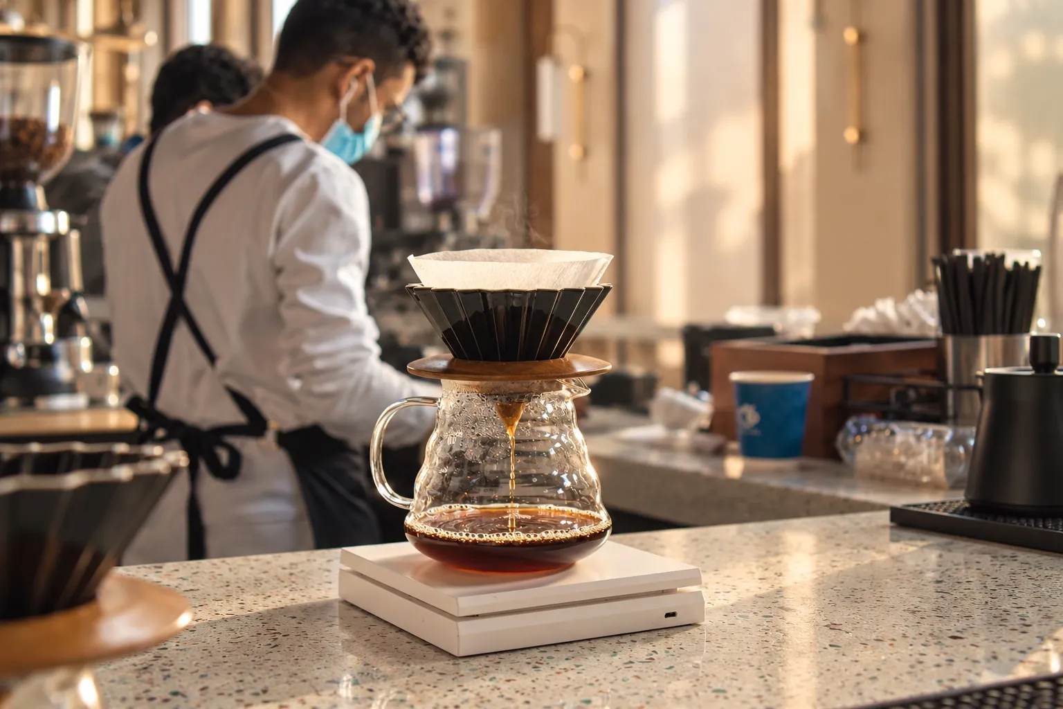 A pour-over dripper and glass carafe at a Saudi café counter