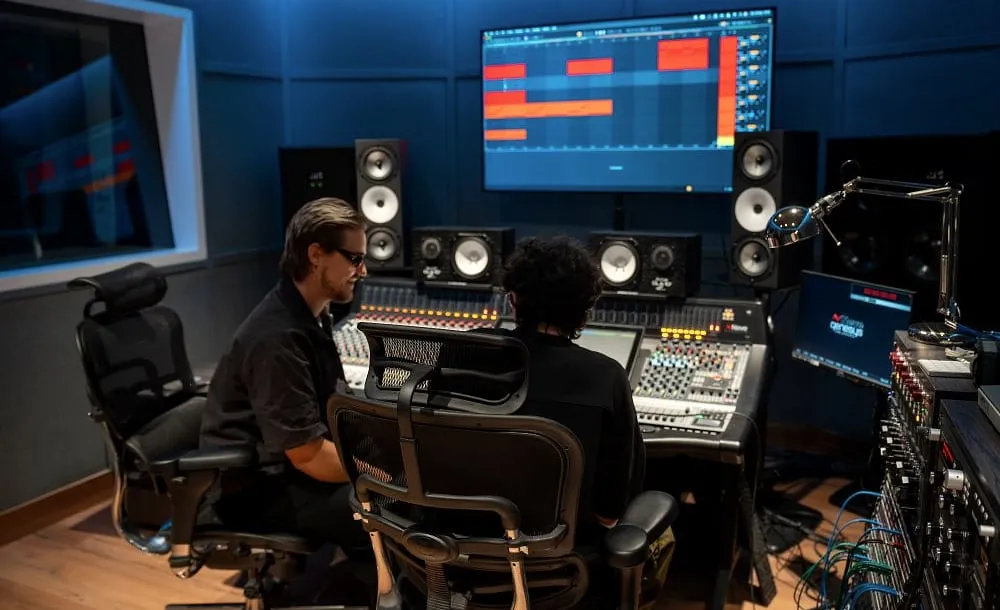 Two people work at a mixing console in a Riyadh recording studio